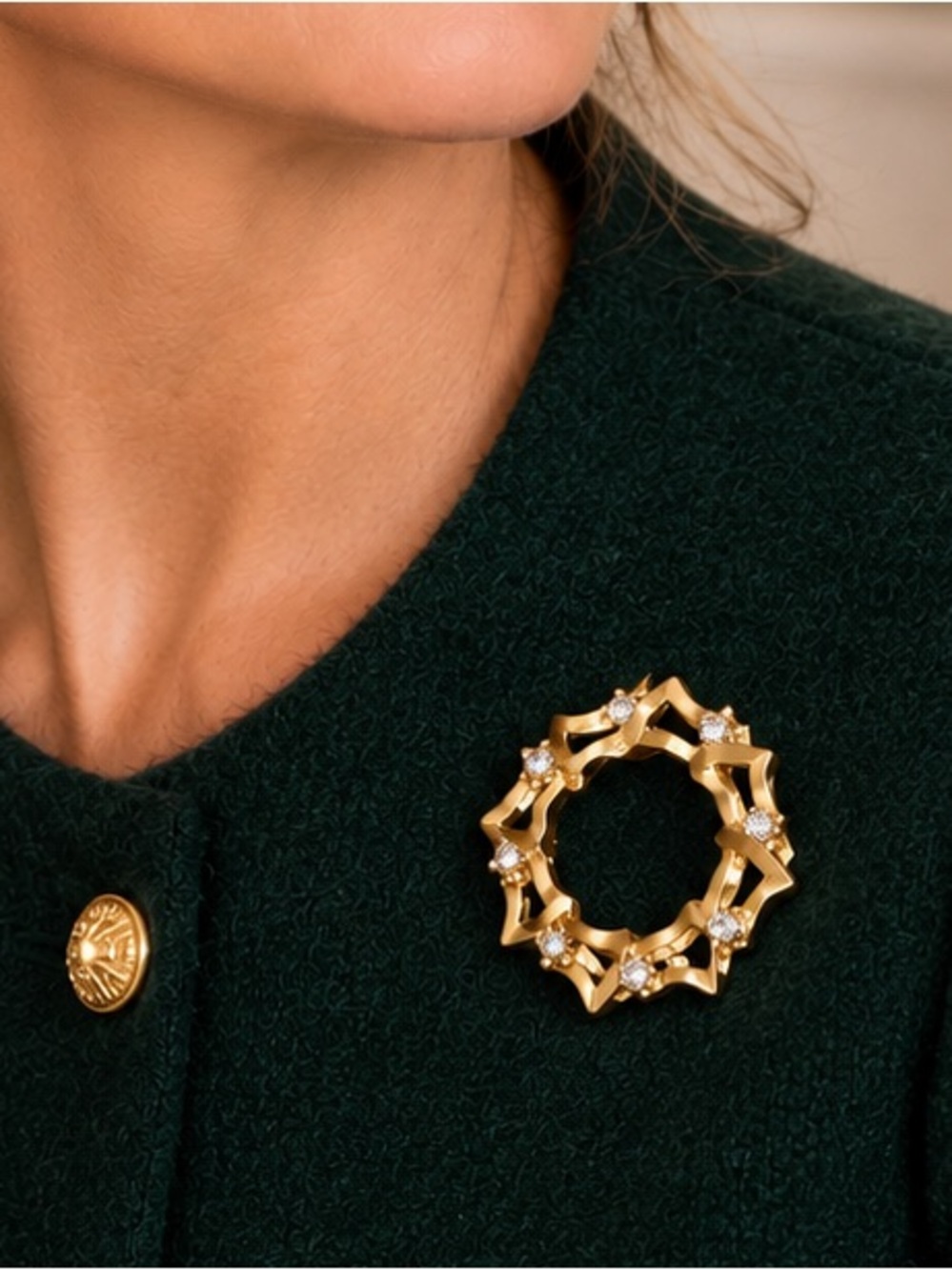 Monet Vintage Wreath Brooch Pin Gold Rhinestone Holiday